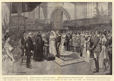 A Cerimônia de Casamento no Groote Kerke, realizada pelo Pastor Van der Vlier, a Noiva e o Noivo trocando Anéis de Frederic de Haenen