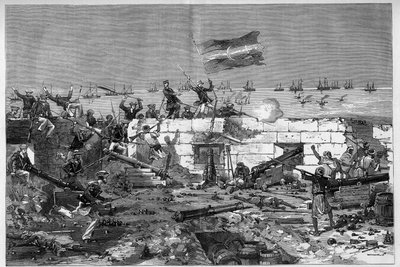 Tunísia, Julho de 1881: As tropas francesas tomaram a cidade de Stax após a revolta dos habitantes contra o protetorado francês da Tunísia. As espingardas dos fuzileiros navais retiraram a bateria circular. Gravura de De Haenen em "O Mundo Ilustrado" n°127 de Frederic de Haenen