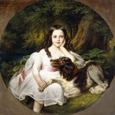 Uma jovem garota descansando em uma paisagem com seu cachorro, de Frederich August Kaulbach
