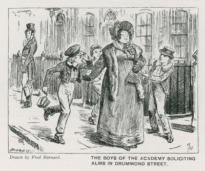 Os rapazes da Wellington House Academy a pedir esmolas na Drummond Street (gravura) de Frederick (after) Barnard