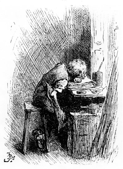 Charles Dickens na fábrica de Blacking, uma ilustração de &39;The Leisure Hour&39;, 1904 (gravura) de Frederick Barnard