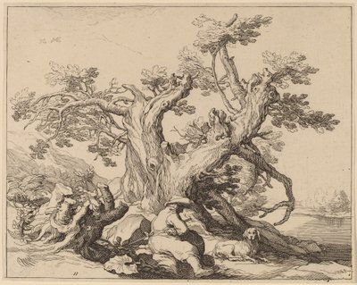 Um homem e seu cachorro descansando perto de uma grande árvore de Frederick Bloemaert after Abraham Bloemaert