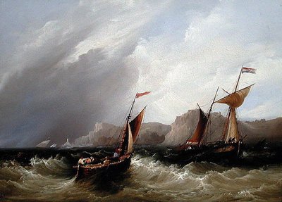Navios ao largo de uma costa rochosa (petróleo a bordo) de Frederick Calvert