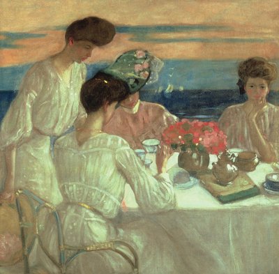 Chá da tarde no terraço (óleo sobre tela) de Frederick Carl Frieseke