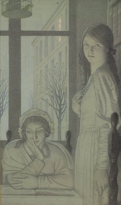 Interior - noite de 1915 (lápis, lavagem e guache) de Frederick Cayley Robinson