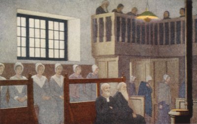 Santos Quaker: Uma reunião de amigos (litografia a cores) de Frederick Cayley Robinson