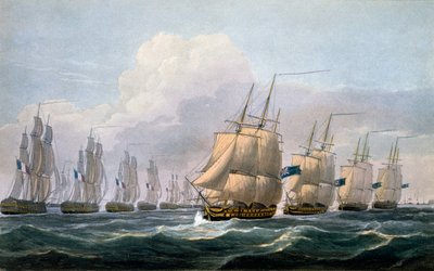 Capitão Beresford em HMS Teseu liderando seu esquadrão de navios de "The Naval Chronology of Great Britain", de J. Ralfe, 1820 de Frederick Christian Lewis