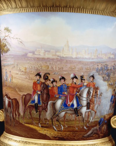 Detalhe de Wellington e seus oficiais de um vaso fino campana de Berlim, em ouro e pedestal do tipo de serviço Wellington, pintado com uma cena da Batalha de Vittoria, 1817 de Frederick Christian Lewis