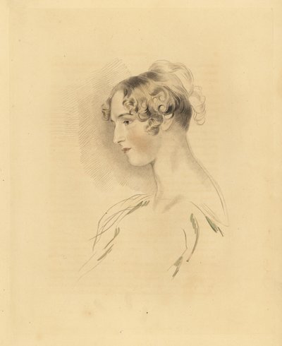Retrato de Mary Isabella Bloxam como uma jovem mulher, sobrinha de Sir Thomas Lawrence. Com o cabelo para cima e encaracolada, com um vestido fora dos ombros. Gravura de Frederick Christian Lewis depois de uma ilustração de Sir Thomas Lawrence do Gabinete  de Frederick Christian Lewis