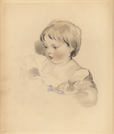 Retrato de Rowland Bloxam, sobrinho de Sir Thomas Lawrence. Rapaz gorducho de vestido atado com fita azul. Gravura manuscrita de Frederick Christian Lewis depois de uma ilustração de Sir Thomas Lawrence do Gabinete de Gemas de P.G. Patmore, Ackermann, Lond de Frederick Christian Lewis