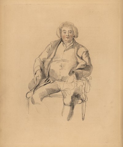 Retrato do pai de Sir Thomas Lawrence, o estalajadeiro Thomas Lawrence. Um homem de peruca sentado numa cadeira. Gravura manuscrita de Frederick Christian Lewis depois de uma ilustração de Sir Thomas Lawrence do Gabinete de Gemas de P.G. Patmore, Ackermann de Frederick Christian Lewis