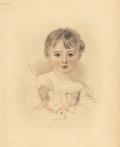 Retrato de Thomas Lawrence Bloxam, sobrinho de Sir Thomas Lawrence. Em vestido atado com uma fita cor-de-rosa. Gravura manuscrita de Frederick Christian Lewis depois de uma ilustração de Sir Thomas Lawrence do Gabinete de Gemas de P.G. Patmore, Ackermann,  de Frederick Christian Lewis