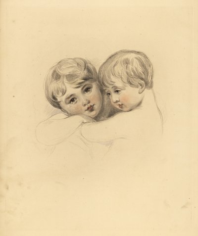 Retrato das crianças Calmeady em um abraço. Gravura manuscrita de Frederick Christian Lewis depois de uma ilustração de Sir Thomas Lawrence do Gabinete de Gemas de P.G. Patmore, Ackermann, Londres. de Frederick Christian Lewis