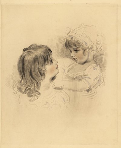 Retrato de duas crianças. O mais velho a segurar uma criança mais nova relutante no chapéu e a vestir-se. Gravura manuscrita de Frederick Christian Lewis depois de uma ilustração de Sir Thomas Lawrence do Gabinete de Gemas de P.G. Patmore, Ackermann, Londr de Frederick Christian Lewis