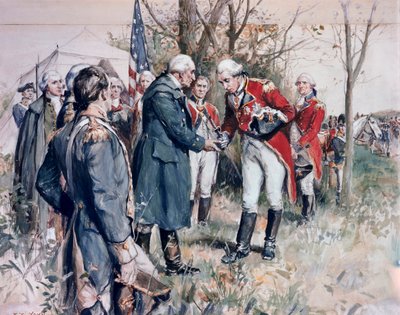 Guerra da Independência Americana (1775-1783): a rendição do general britânico John Burgoyne (1722-1792) em Saratoga, em 1777 - Ilustração de F.C. Yohn (Frederick Coffay Yohn) (1875-1933) de Frederick Coffay Yohn