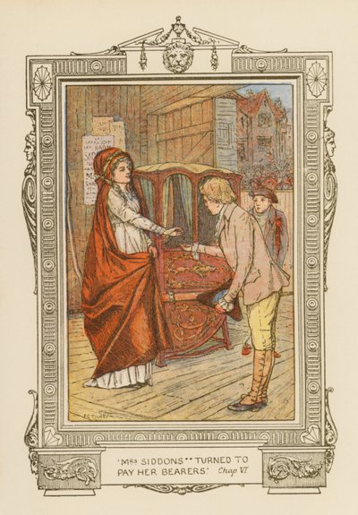 "Mrs. Siddons virou-se para pagar aos seus portadores" (litografia a cores) de Frederick Colin Tilney
