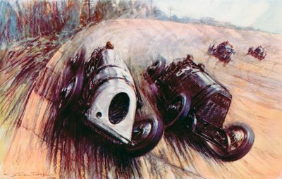 Uma batalha de gigantes em Brooklands, o Leyland branco de Parry Thomas lutando contra o grande Fiat de Eldridge na margem (lito colorido) de Frederick Gordon (after) Crosby