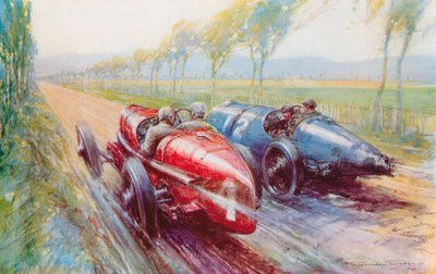Felice Nazzaro venceu o Grand Prix de 1922, lidando com um dos novos e muito rápidos Fiats (cor litho) de Frederick Gordon (after) Crosby