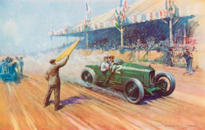 Sir Henry Segrave marcando a primeira vitória britânica num Grande Prémio com o Raio de Sol de dois litros no circuito Tours (cor litho) de Frederick Gordon (after) Crosby