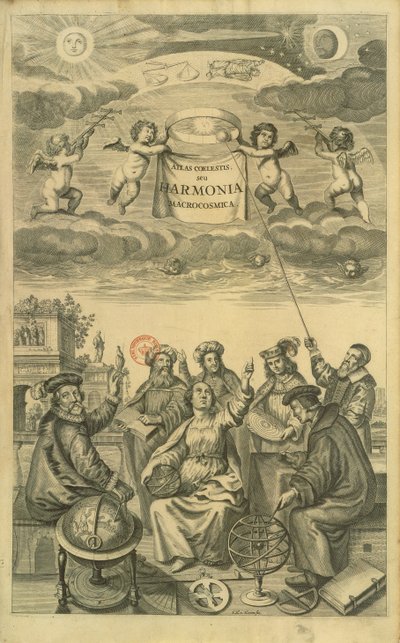 Frontispício para &39;O Atlas Celestial, ou a Harmonia do Universo&39; (Atlas coelestis seu harmonia macrocosmica) Amsterdã, c.1660 por Andreas Cellarius de Frederick Hendrick van Hove
