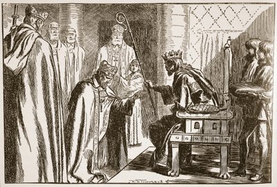 Investidura de um bispo saxão, ilustração de "A Igreja da Inglaterra: Uma História para o Povo" por HDM Spence-Jones, pub. c.1910 (foto sépia) de Frederick Henry Townsend