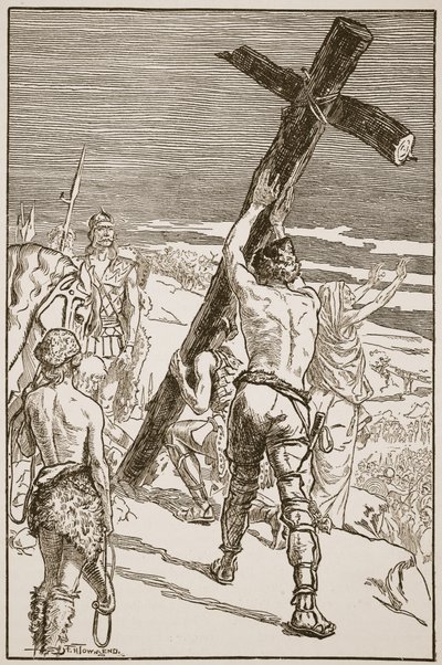 Oswald erigindo a cruz, ilustração de "a Igreja da Inglaterra: uma história para o povo" por HDM Spence-Jones, pub. c.1910 (foto sépia) de Frederick Henry Townsend