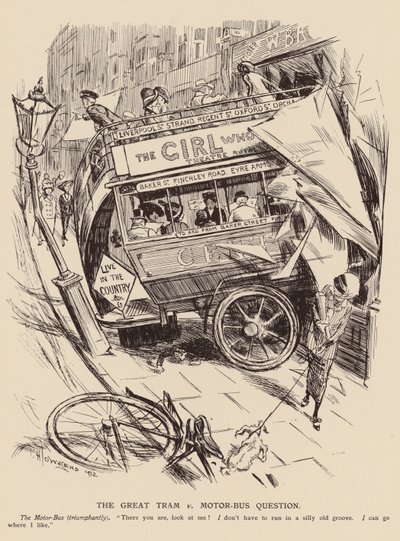 A grande questão do elétrico contra o autocarro a motor (litografia) de Frederick Henry Townsend