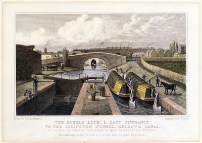 O bloqueio duplo e a entrada leste do túnel de Islington, Regents Canal, 1827 de Frederick James Havell