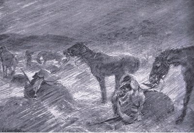 Uma tempestade de granizo sul-africana, de After Pretoria: The Guerilla War publicada por Harmsworth Bros Limited, 1901 de Frederick Judd Waugh