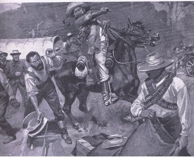 Tratamento bôer dos enviados da paz: A flagelação de Margendaal, de After Pretoria: The War Guerilla publicado por Harmsworth Bros Limited, 1901 de Frederick Judd Waugh