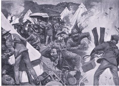 Boers saqueando o acampamento britânico no Nooitgedacht sob fogo de artilharia, de After Pretoria: The War Guerilla publicado pela Harmsworth Bros Limited, 1901 de Frederick Judd Waugh