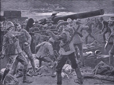 O ataque a Gun Hill: Os artilheiros do naval 47 surpreenderam, de After Pretoria: The Guerilla War publicado por Harmsworth Bros Limited, 1901 de Frederick Judd Waugh