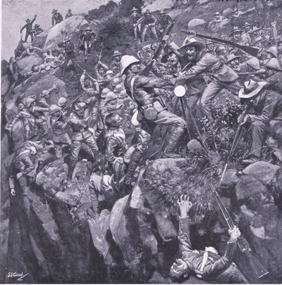 O desastre no Nooitgeddacht: O fim de um bravo sinalizador, de After Pretoria: The Guerilla War publicado por Harmsworth Bros Limited, 1901 de Frederick Judd Waugh