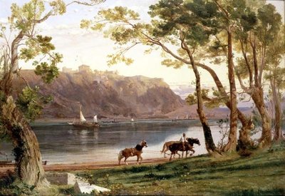 Paisagem fluvial com cavalos de barcaça de Frederick Lee Bridell