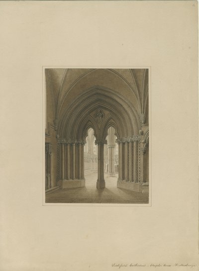 Interior da Catedral de Lichfield - porta da casa do capítulo: desenho em sépia, nd [c 1820] de Frederick Mackenzie