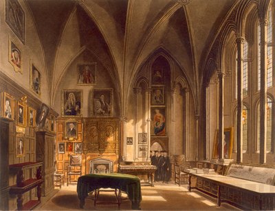 Interior da casa do capítulo, ilustração da "história de Oxford", gravada por J. Bluck (fl.1791-1831) pub. por R. Ackermann, 1813 (aquatinta) de Frederick Mackenzie