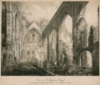 Vista da Capela de Santo Estêvão como apareceu após o incêndio em outubro de 1834 de Frederick Mackenzie
