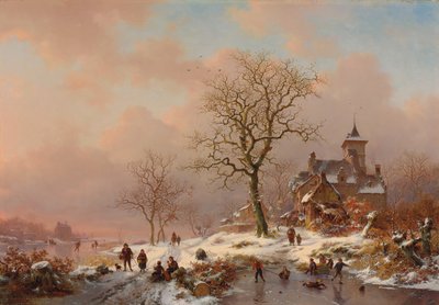 Paisagem do inverno com figuras brincando no gelo, 1868 de Frederick Marianus Kruseman