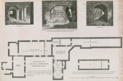 Plano de chão e vistas de abóbadas de Crosby Hall, Bishopsgate Street de Frederick Nash