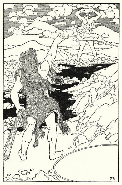 Hércules viu o rosto do gigante com todas as suas enormes características (litho) de Frederick Richardson