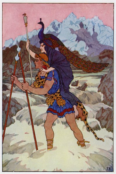 Levantando a velha mulher do chão, Jason entrou ousadamente na corrente furiosa e espumosa (cor litho) de Frederick Richardson