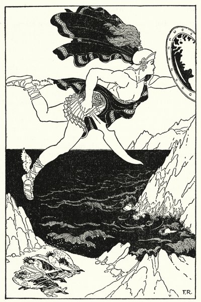 Perseu voou cautelosamente para baixo, ainda mantendo os olhos no rosto da Medusa, como reflectido no seu escudo (litho) de Frederick Richardson