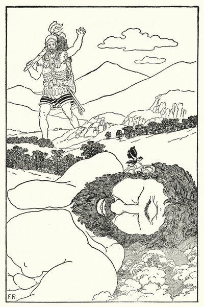 O pigmeu gritou na orelha de Antaeus que outro gigante estava vindo (litho) de Frederick Richardson