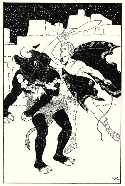 Seguiu-se a mais terrível luta entre Teseu e o Minotauro que alguma vez aconteceu (litho) de Frederick Richardson