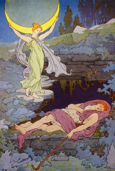 Visitado apenas pela lua à noite, Endymion dormirá para sempre (litografia a cores) de Frederick Richardson