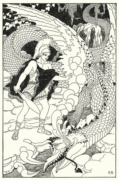 Quando o dragão avistou o Cadmus, ele armou outro abominável assobio (litho) de Frederick Richardson