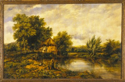 Uma paisagem do rio com um pescador por um moinho de Frederick Waters Watts
