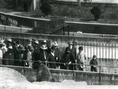 Sir Peter Chalmers Mitchell, com o regente etíope Haile Selassie e sua comitiva, vendo um urso pardo no Mappin Terraces, London Zoo, 1924 de Frederick William Bond
