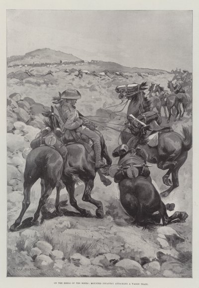 Nos saltos dos bôeres, infantaria montada atacando um comboio de vagões de Frederick William Burton