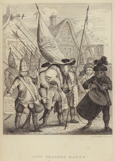 Bandas Treinadas da Cidade: sátira sobre as milícias associadas à Cidade de Londres e o pânico gerado pela Rebelião Jacobita de 1745 (gravura) de Frederick William Fairholt